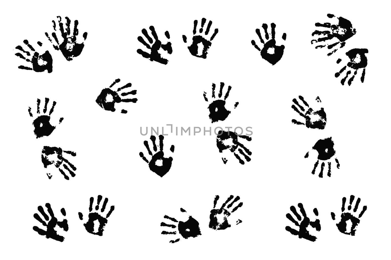 Black handprints made by children on white background.; by jarenwicklund