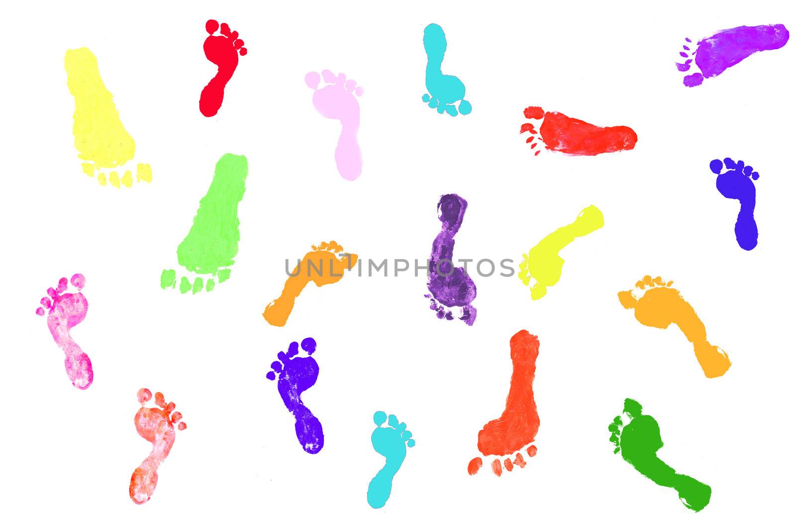 Actual children's footprints in paint on white background