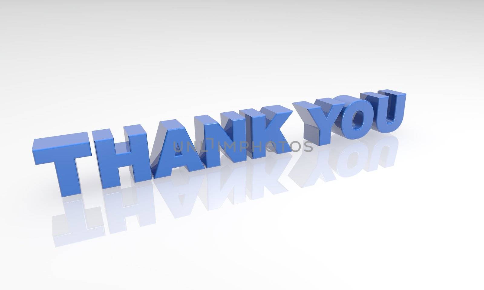 blue thank you 3d letters on a white background with a white reflection.