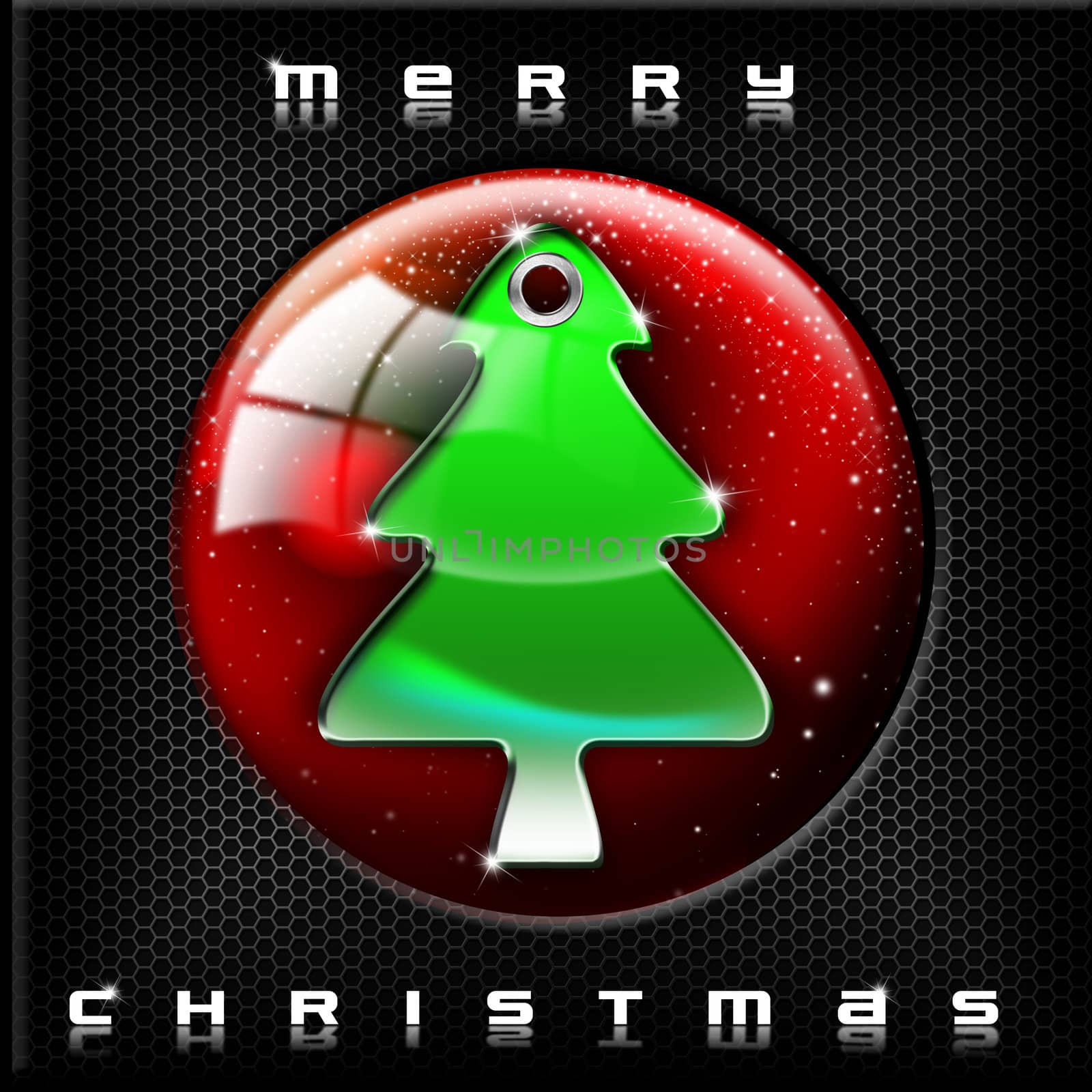 Green and stylized Christmas tree with reflections on red, black and metal background