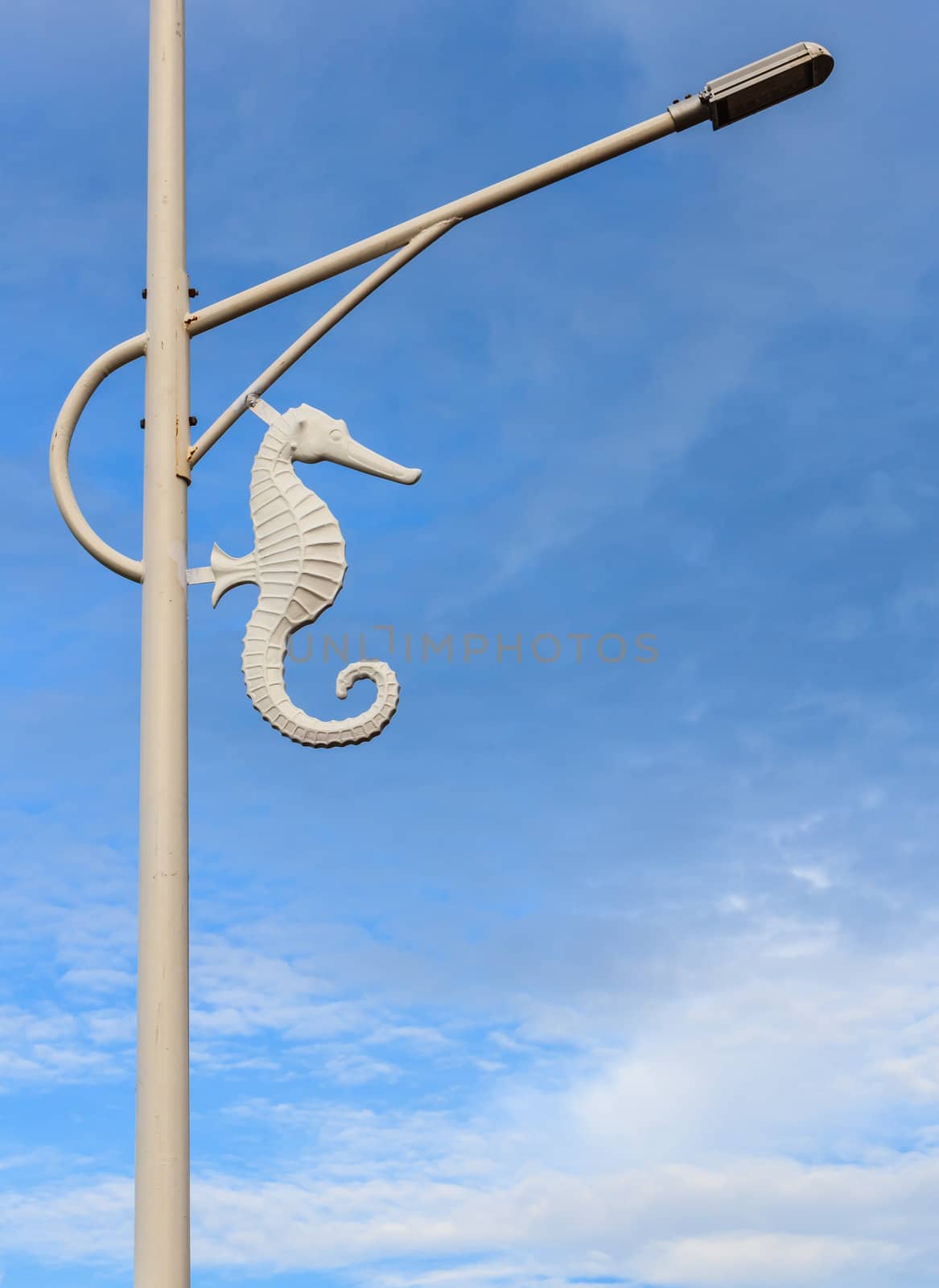 White sea horse street lamp in blue sky background