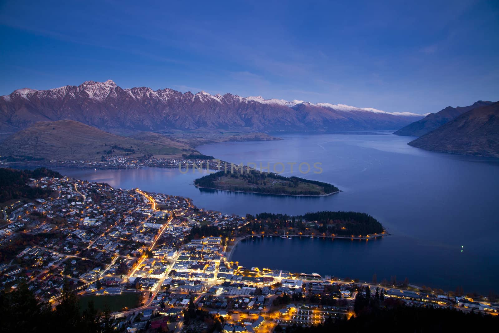 Aerial view of Queenstown downtown at dusk, South Island, New Zealand