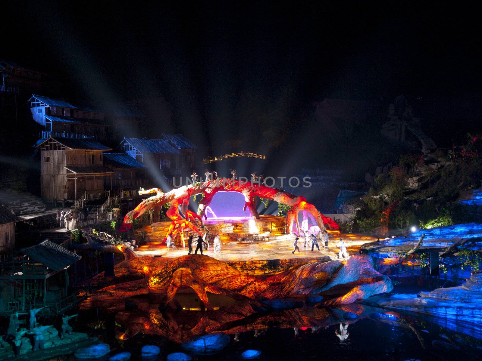 HUNAN, CHINA - JULY 5: Tianmen Fox Fairy Show was the world’s first musical show with the actual Mt.Tianmen valley as the stage in Zhangjiajie on July 5, 2010 in Hunan, China.