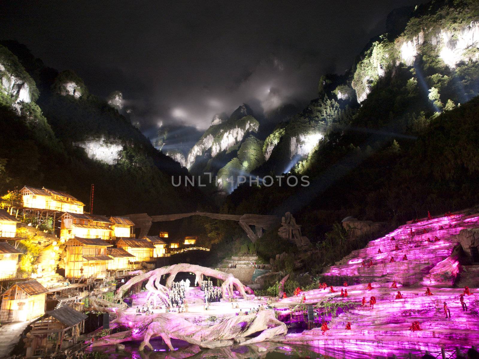 HUNAN, CHINA - JULY 5: Tianmen Fox Fairy Show was the world’s first musical show with the actual Mt.Tianmen valley as the stage in Zhangjiajie on July 5, 2010 in Hunan, China.