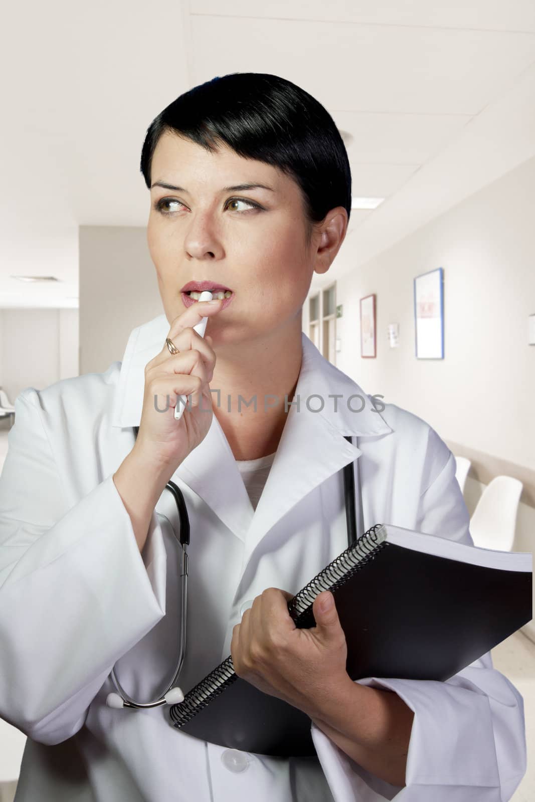 Portrait of happy young smiling female doctor with clipboard at office