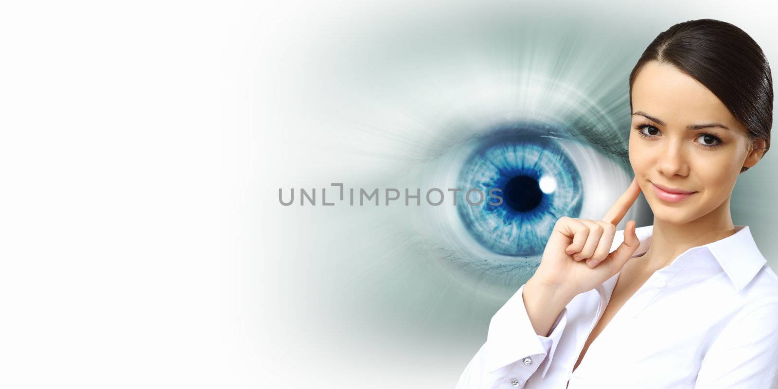 Macro image of human eye against white background