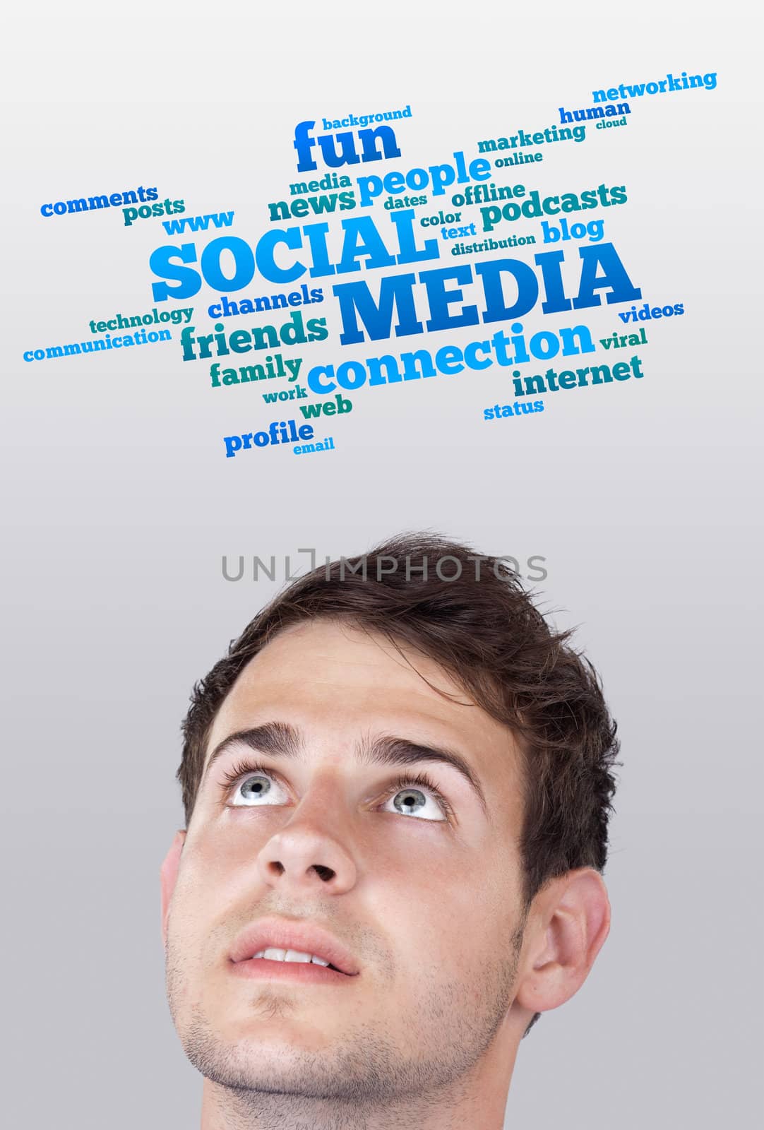 Young persons head looking with gesture at social type of icons and signs
