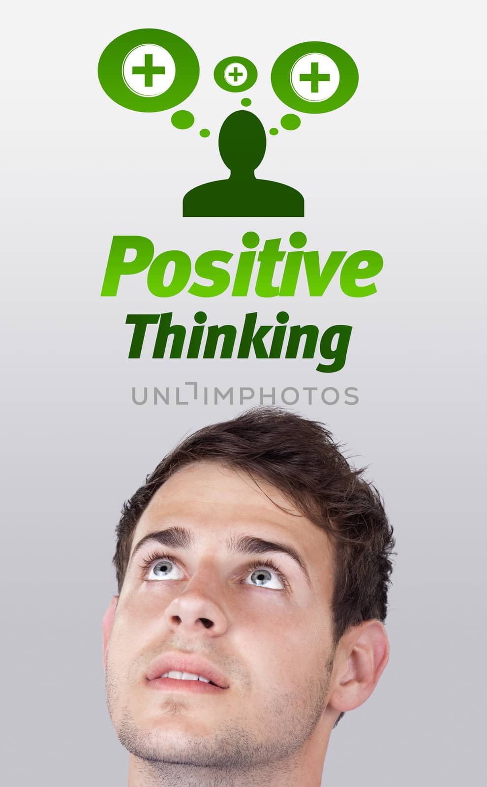 Young persons head looking with gesture at positive negative signs