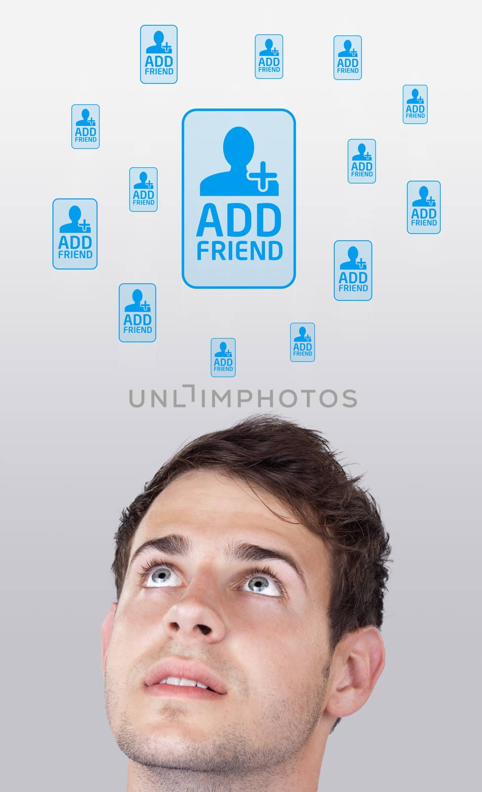 Young persons head looking with gesture at social type of icons and signs