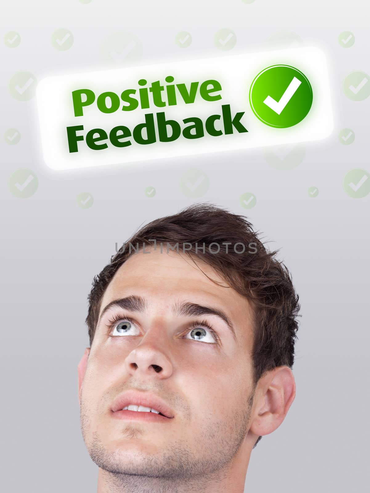 Young persons head looking with gesture at positive negative signs