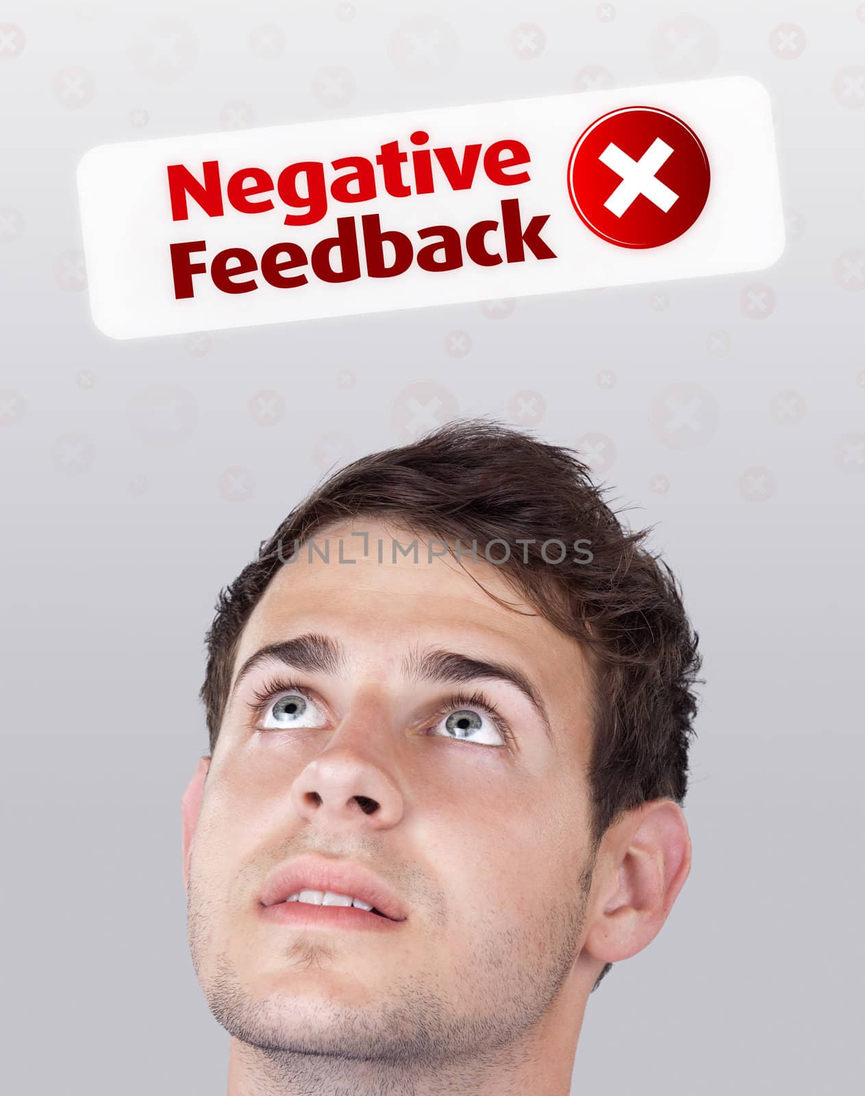 Young persons head looking with gesture at positive negative signs