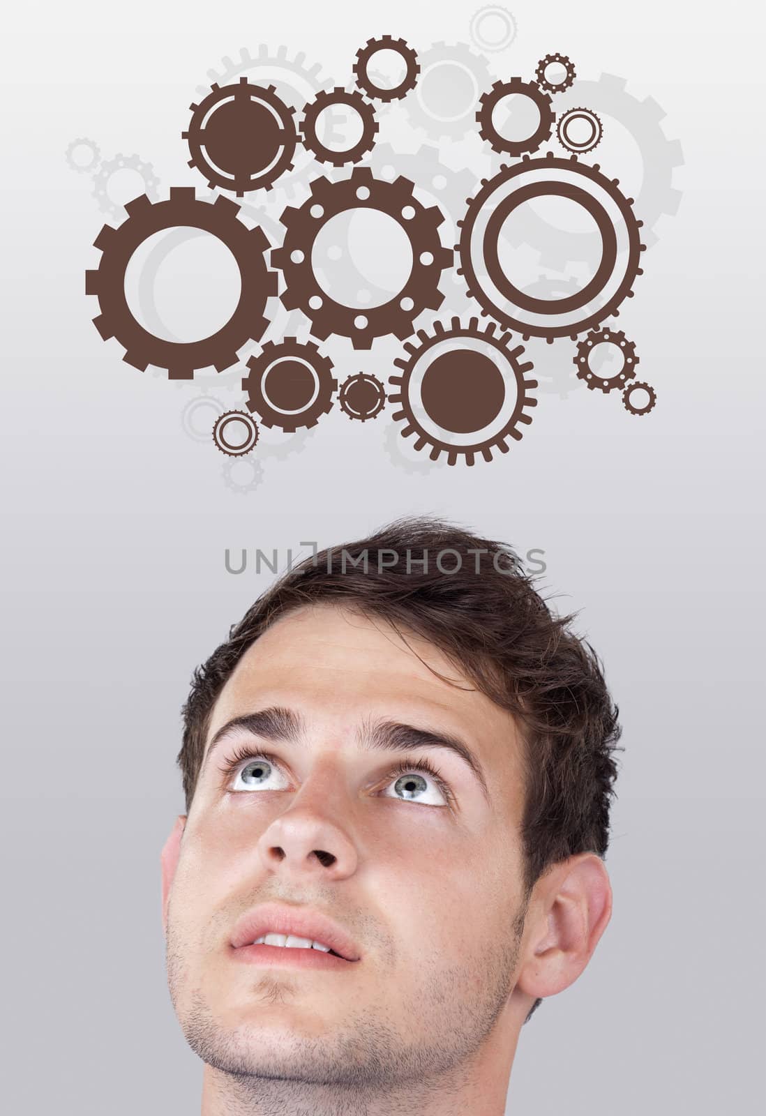 Young persons head looking with gesture at idea type of sign