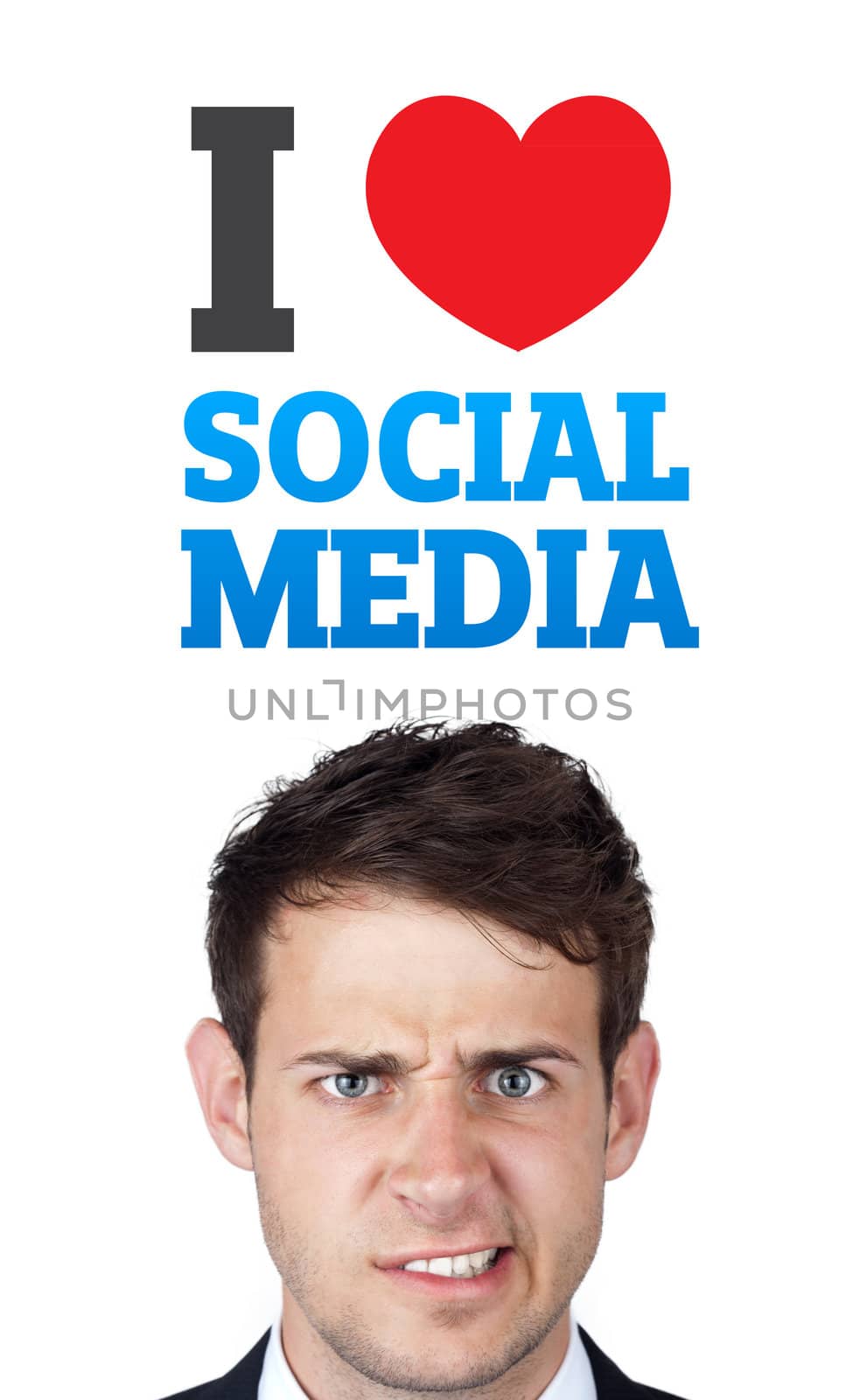 Young persons head looking with gesture at social type of icons and signs