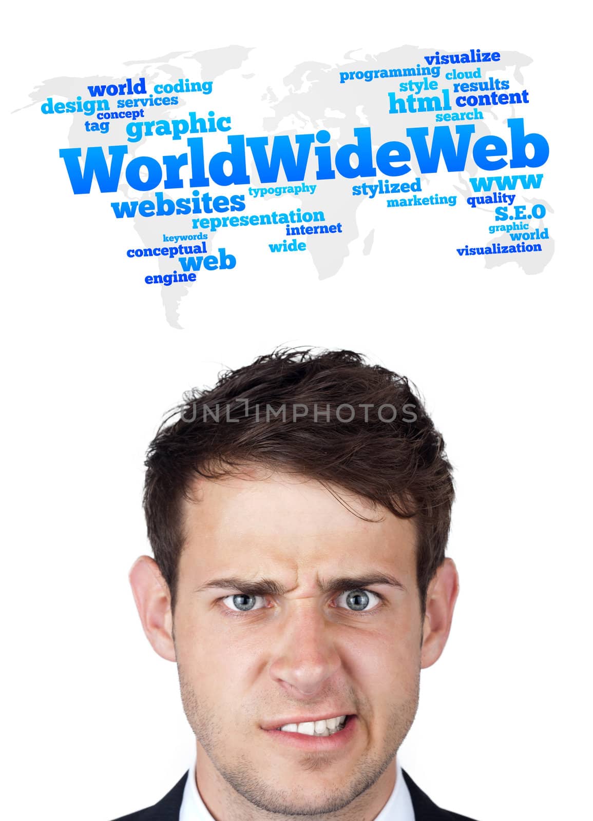 Young persons head looking with gesture at internet type of icons