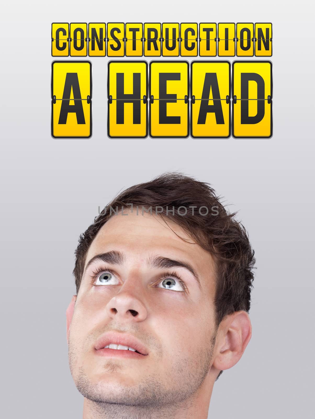 Young persons head looking with gesture at idea type of sign