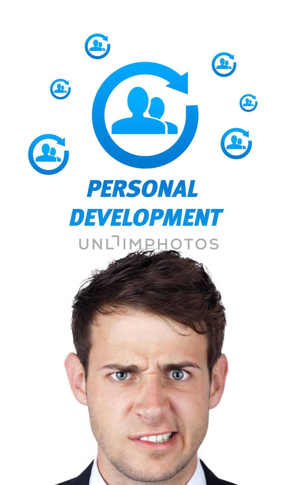 Young persons head looking with gesture at labor type of icons