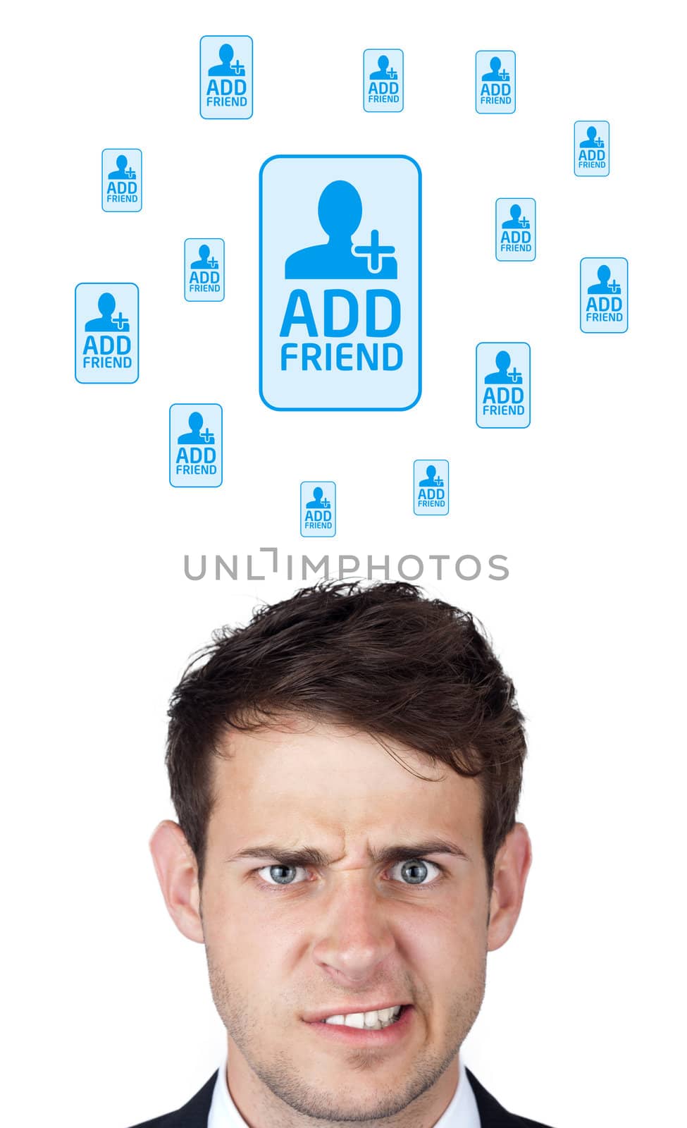 Young persons head looking with gesture at social type of icons and signs