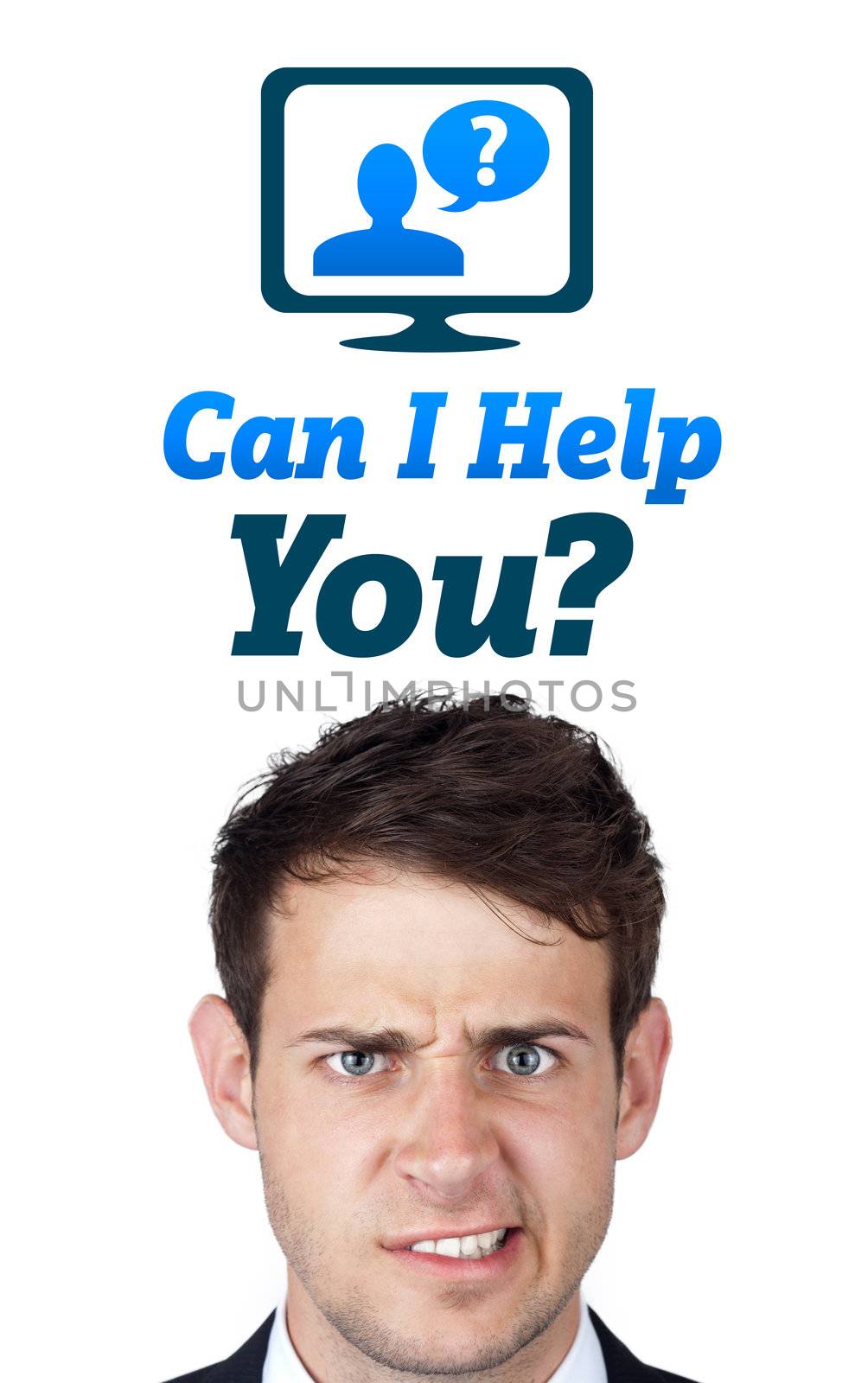 Young persons head looking with gesture at support contact type of icons and signs