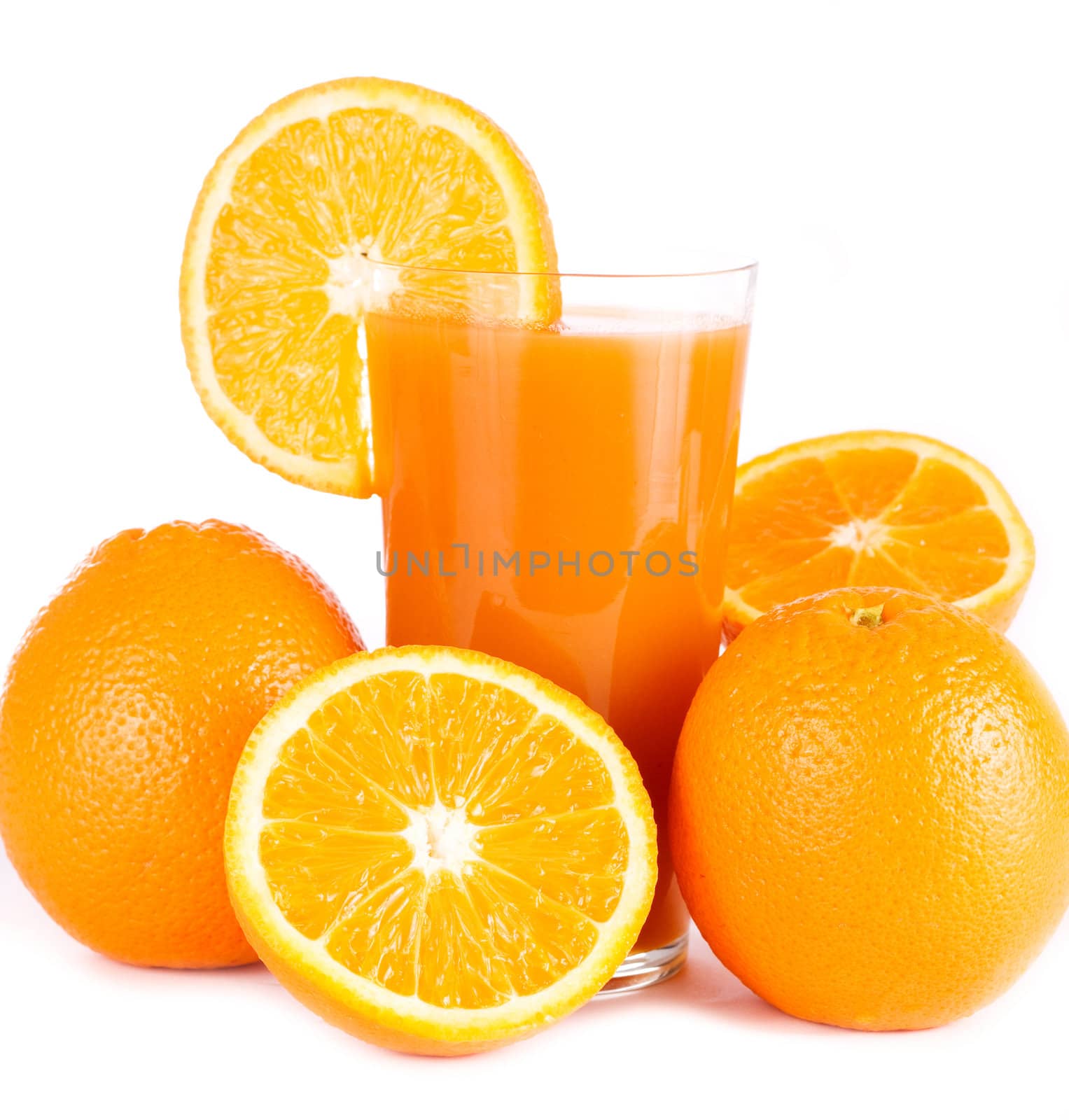 A glass of fresh orange juice with slice of orange isolated on white.
