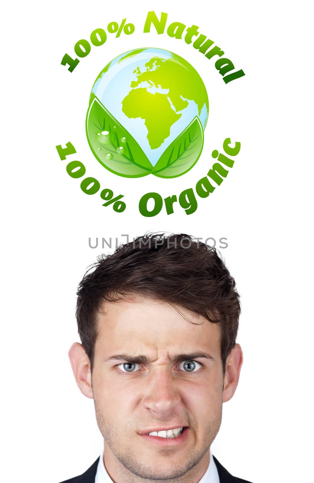 Young persons head looking at green eco sign