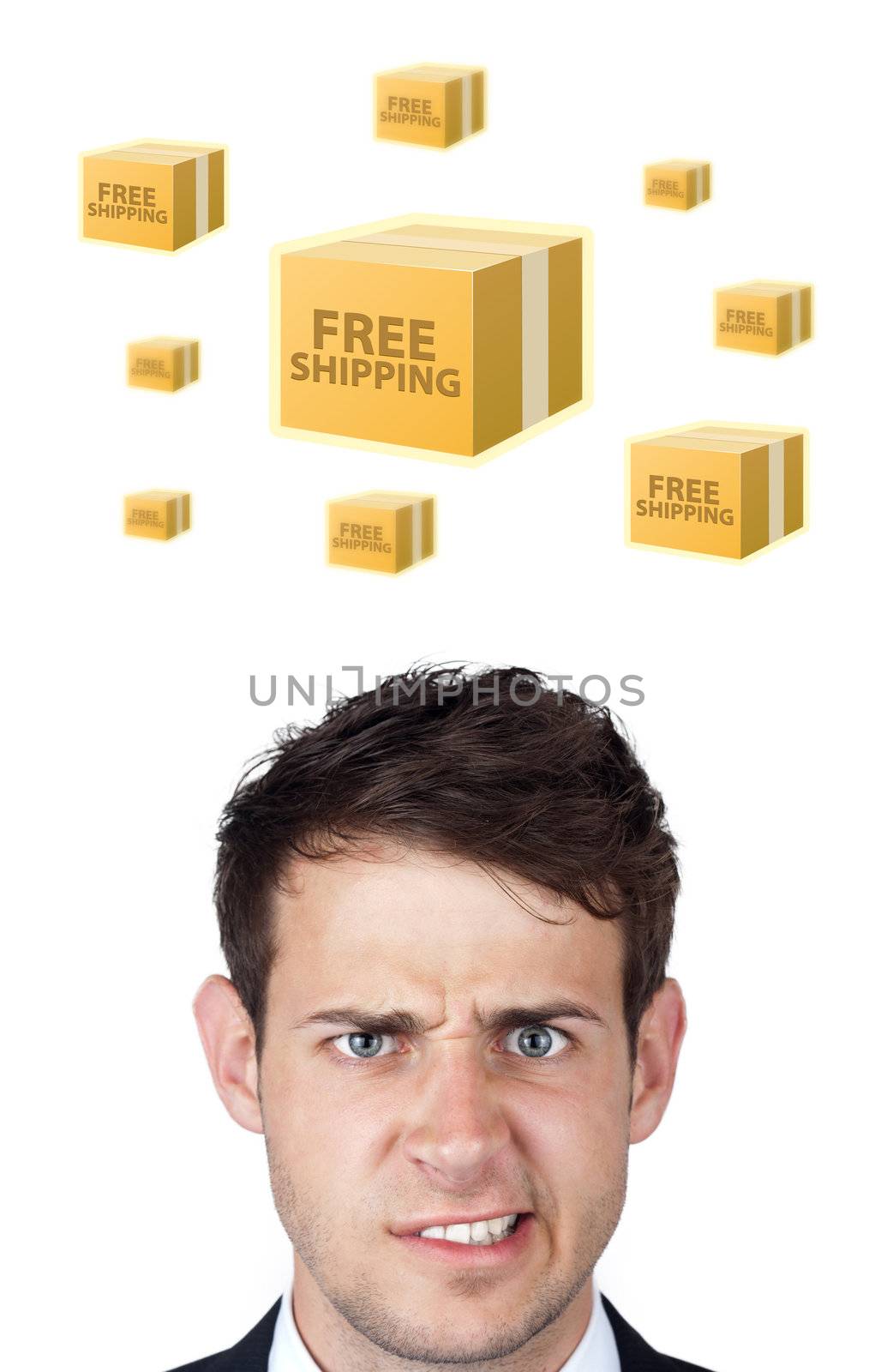 Young persons head looking with gesture at shipping and order signs
