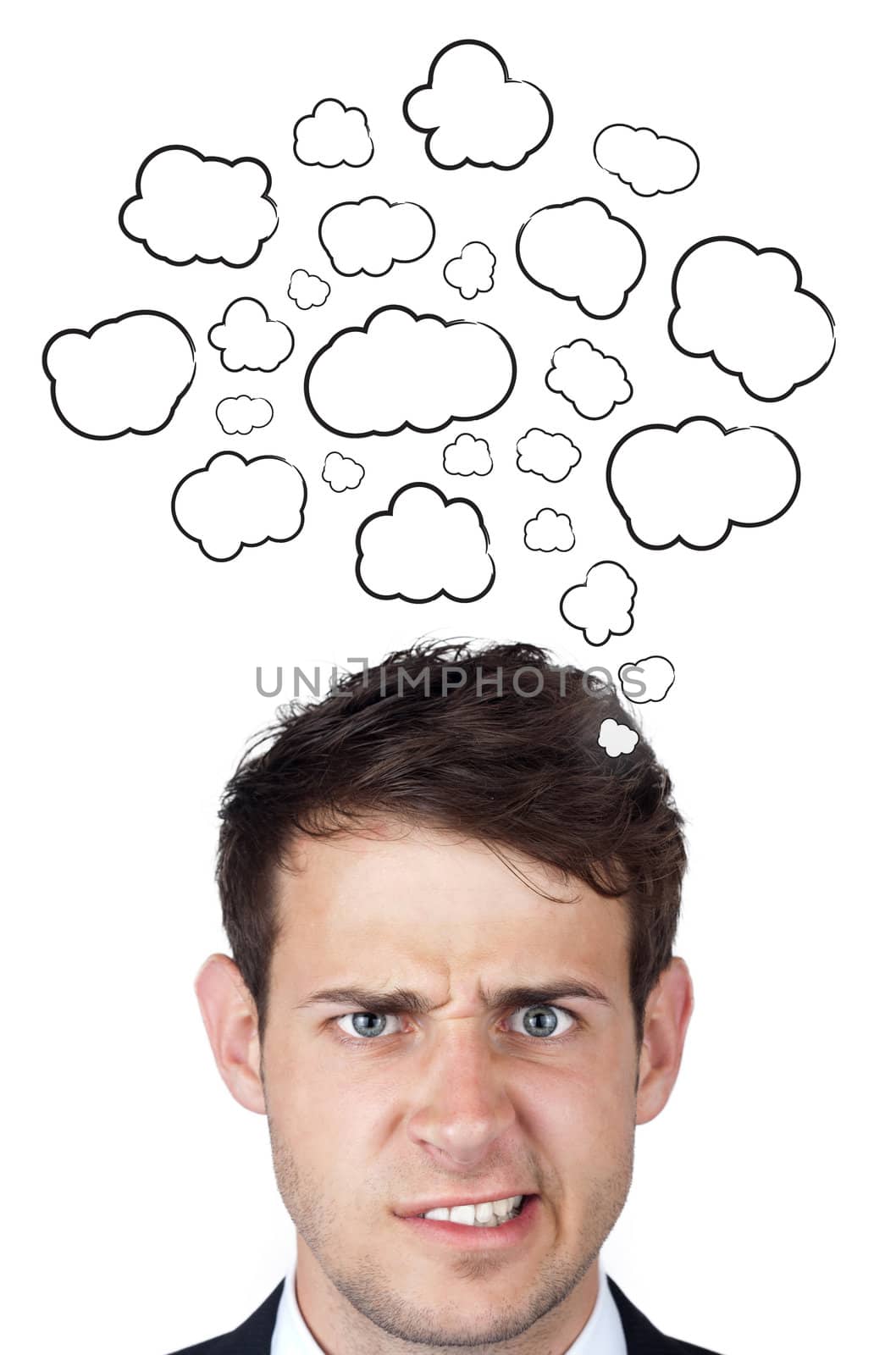 Young persons head thinking about white clouds