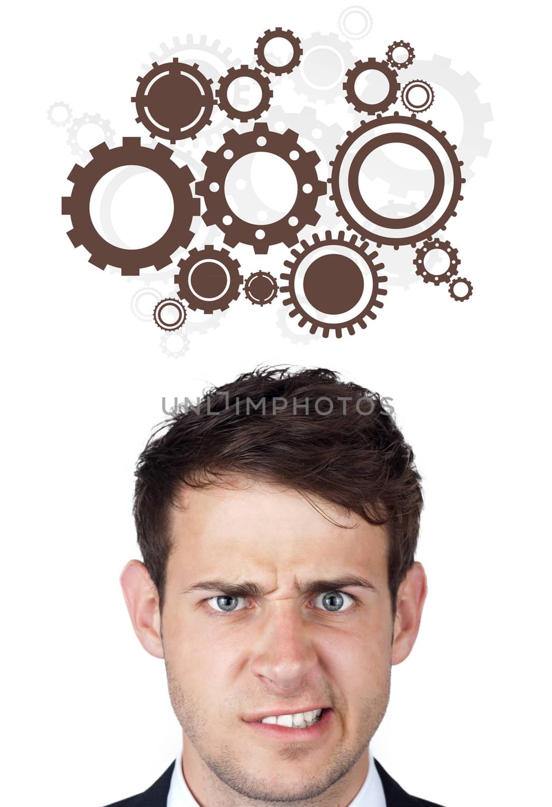 Young persons head looking with gesture at idea type of sign