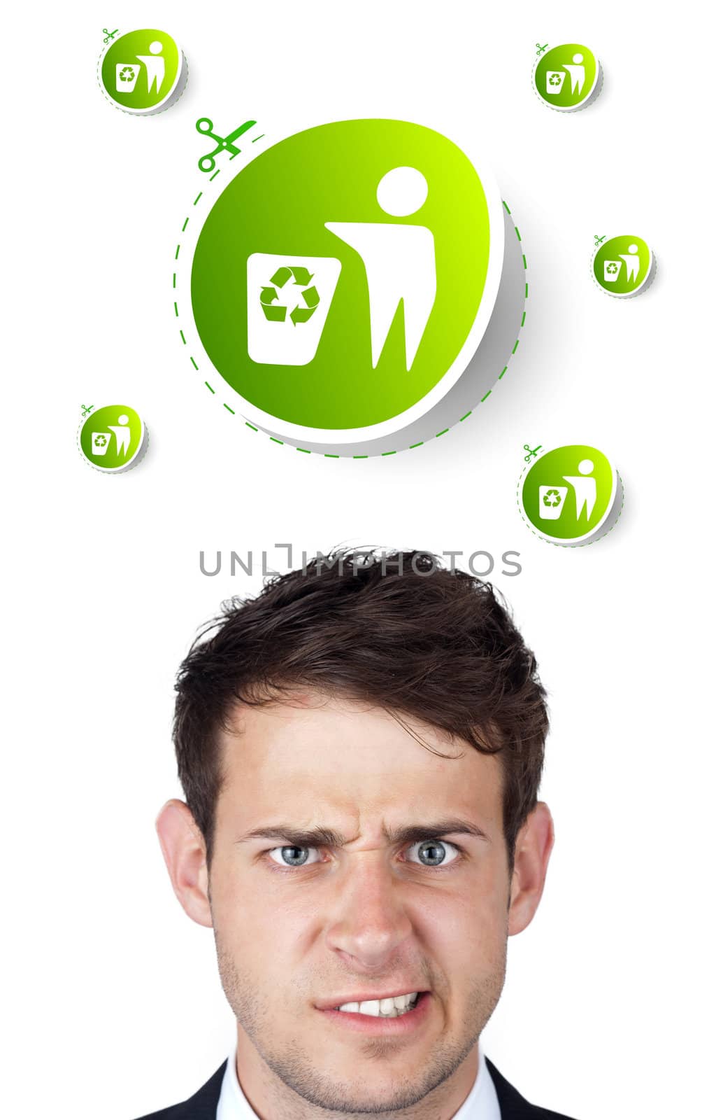 Young persons head looking at green eco sign