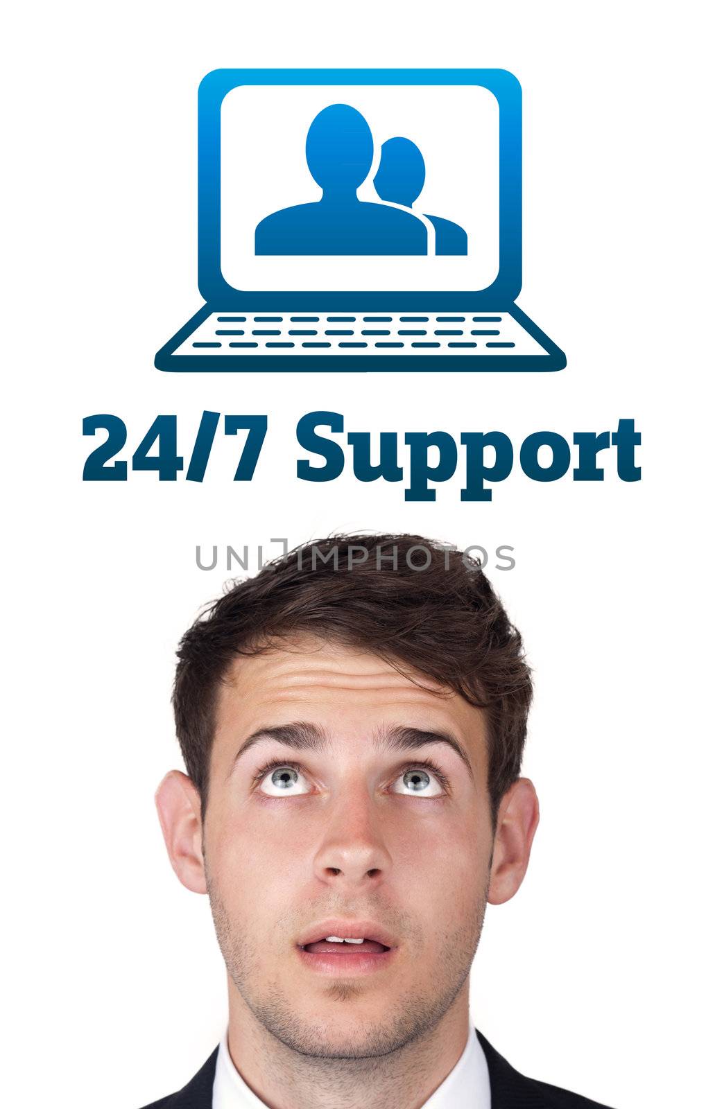 Young persons head looking with gesture at support contact type of icons and signs