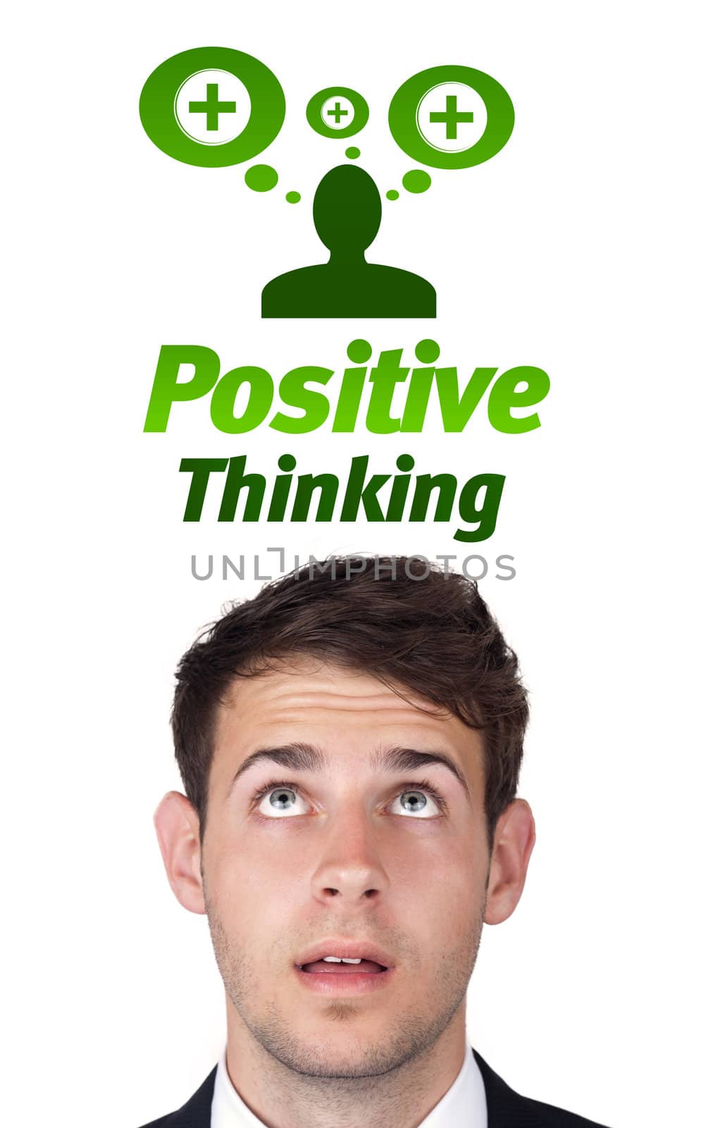 Young head looking at positive negative signs by ra2studio