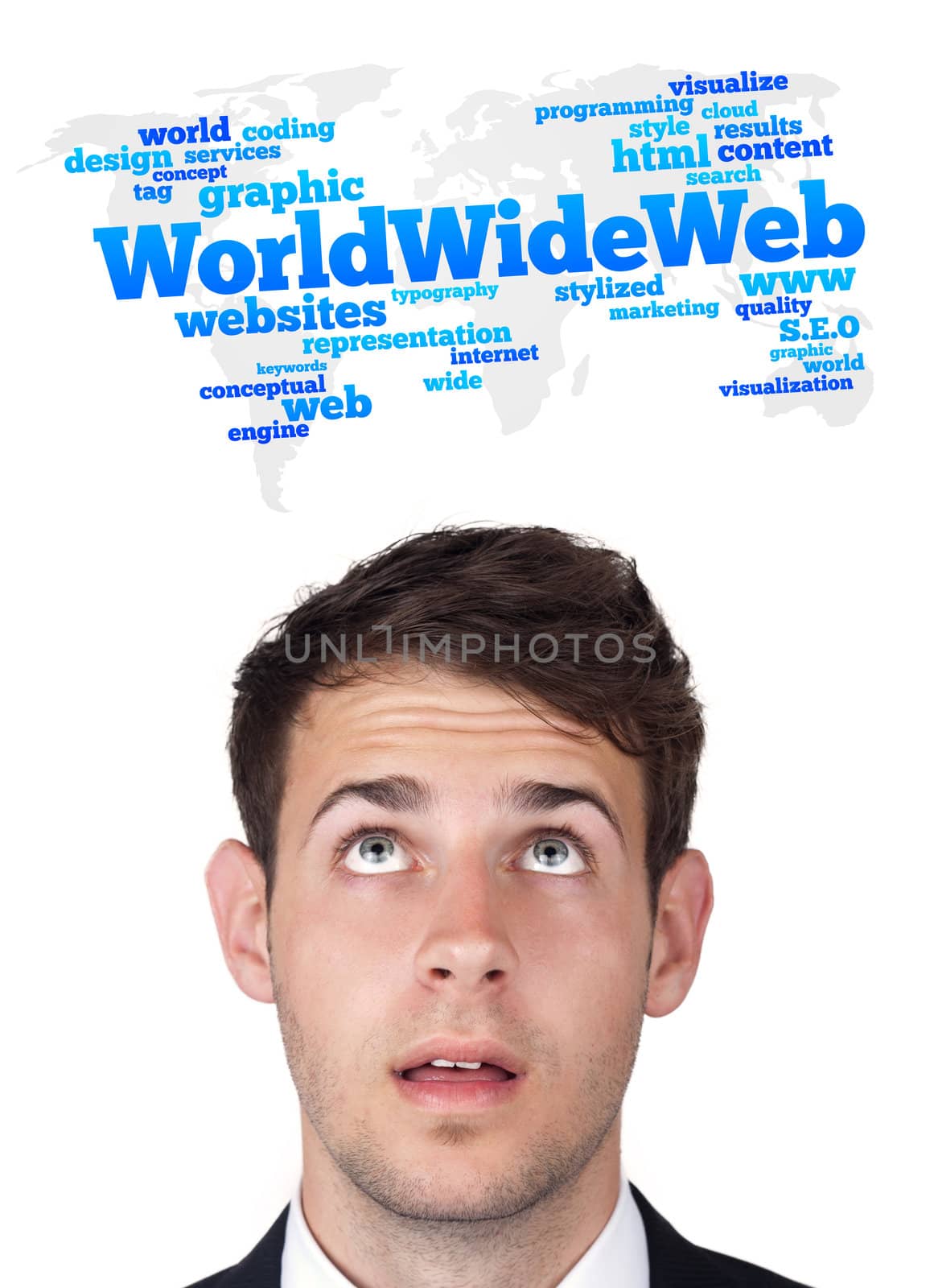 Young persons head looking with gesture at internet type of icons