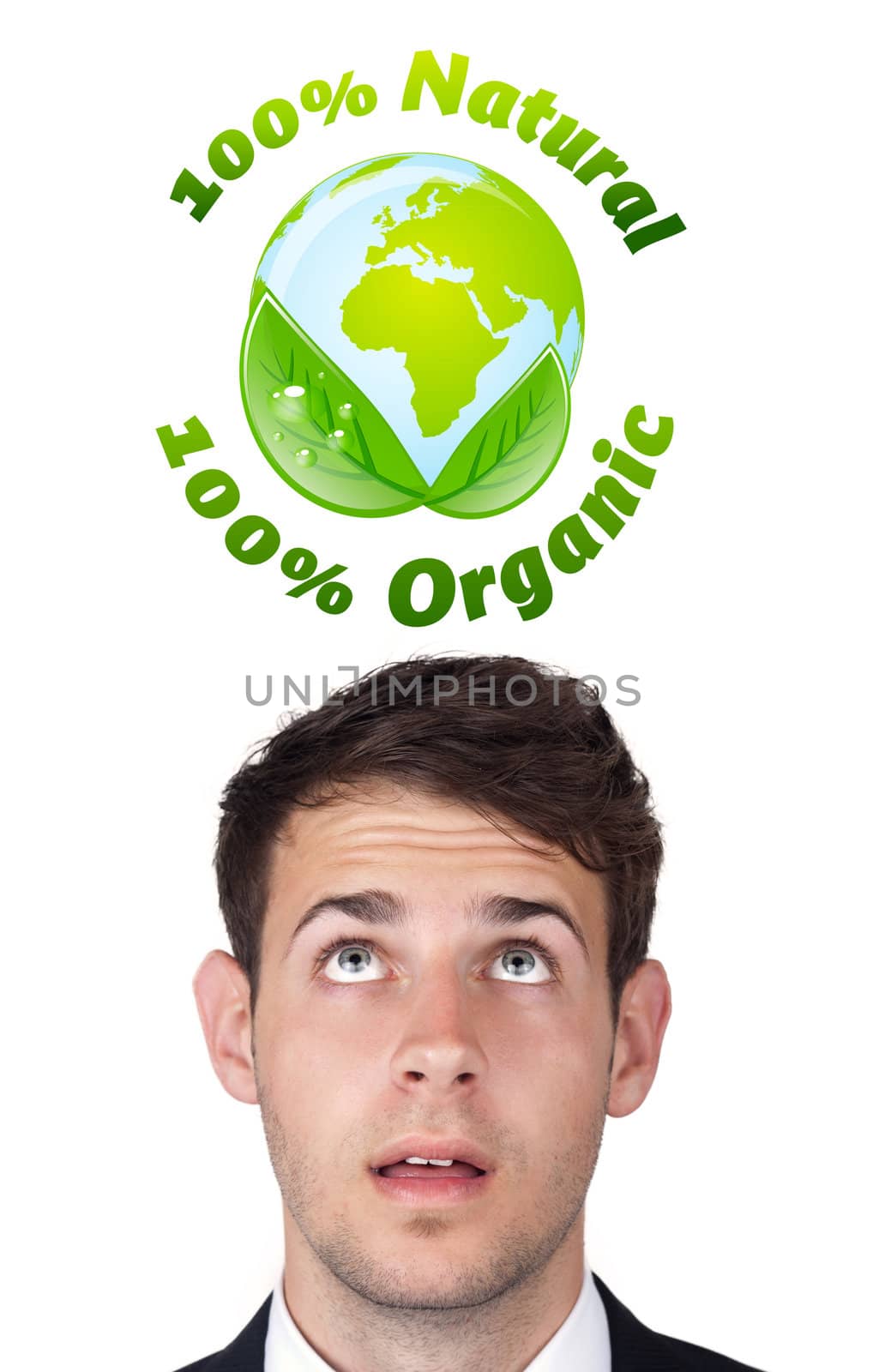 Young persons head looking at green eco sign