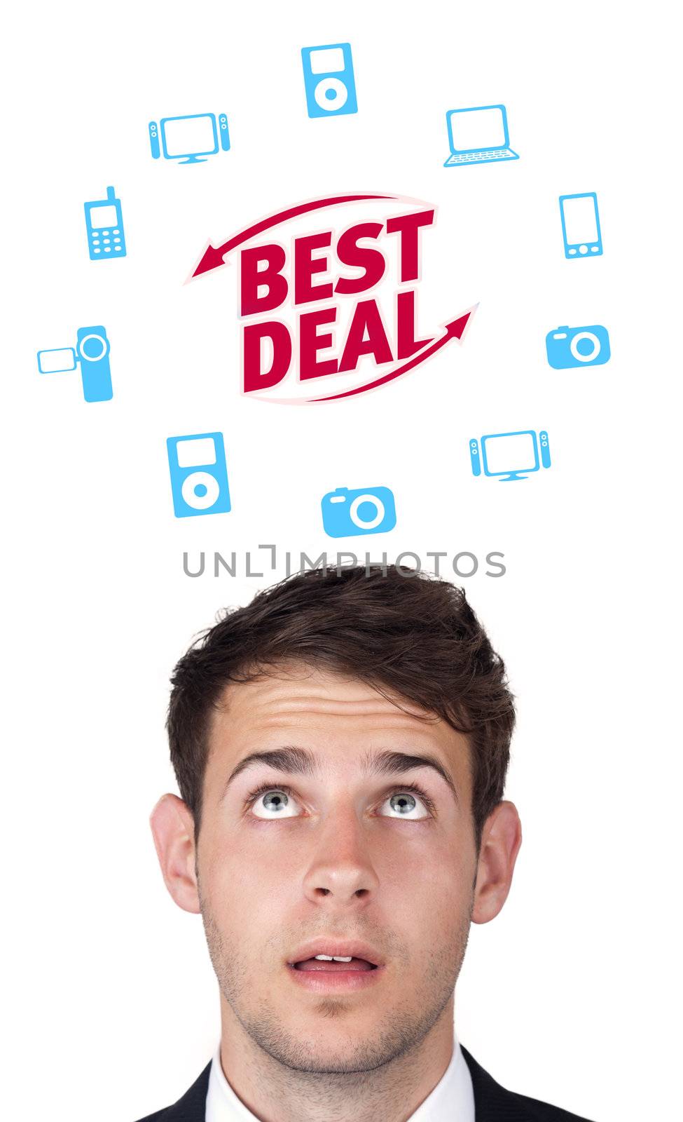 Young persons head looking with gesture at shipping and order signs