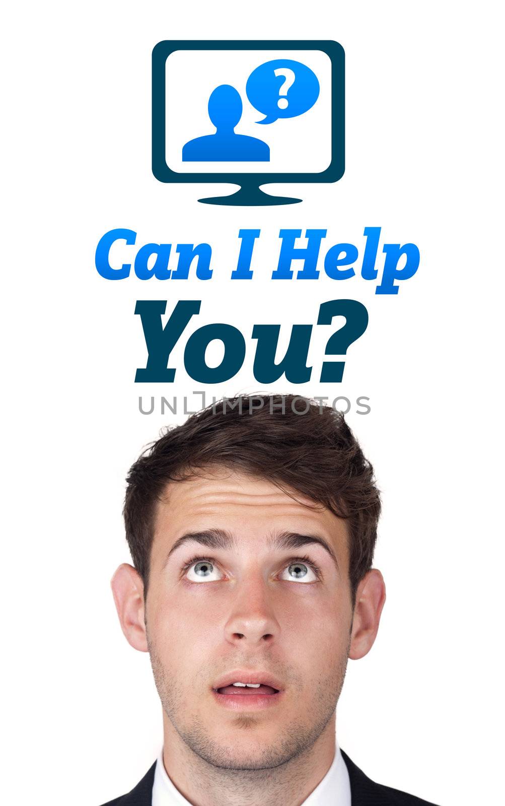 Young persons head looking with gesture at support contact type of icons and signs