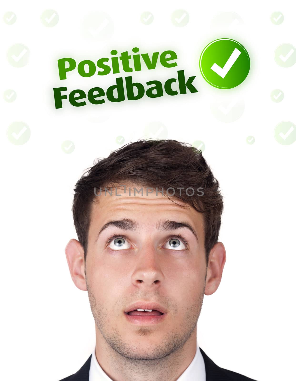 Young persons head looking with gesture at positive negative signs