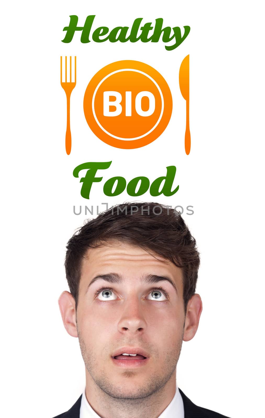 Young head looking at healthy food sign by ra2studio