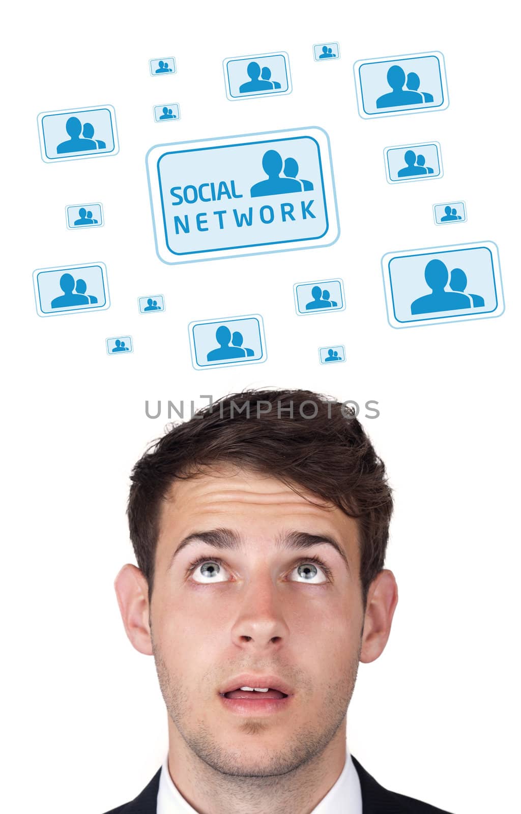 Young persons head looking with gesture at social type of icons and signs
