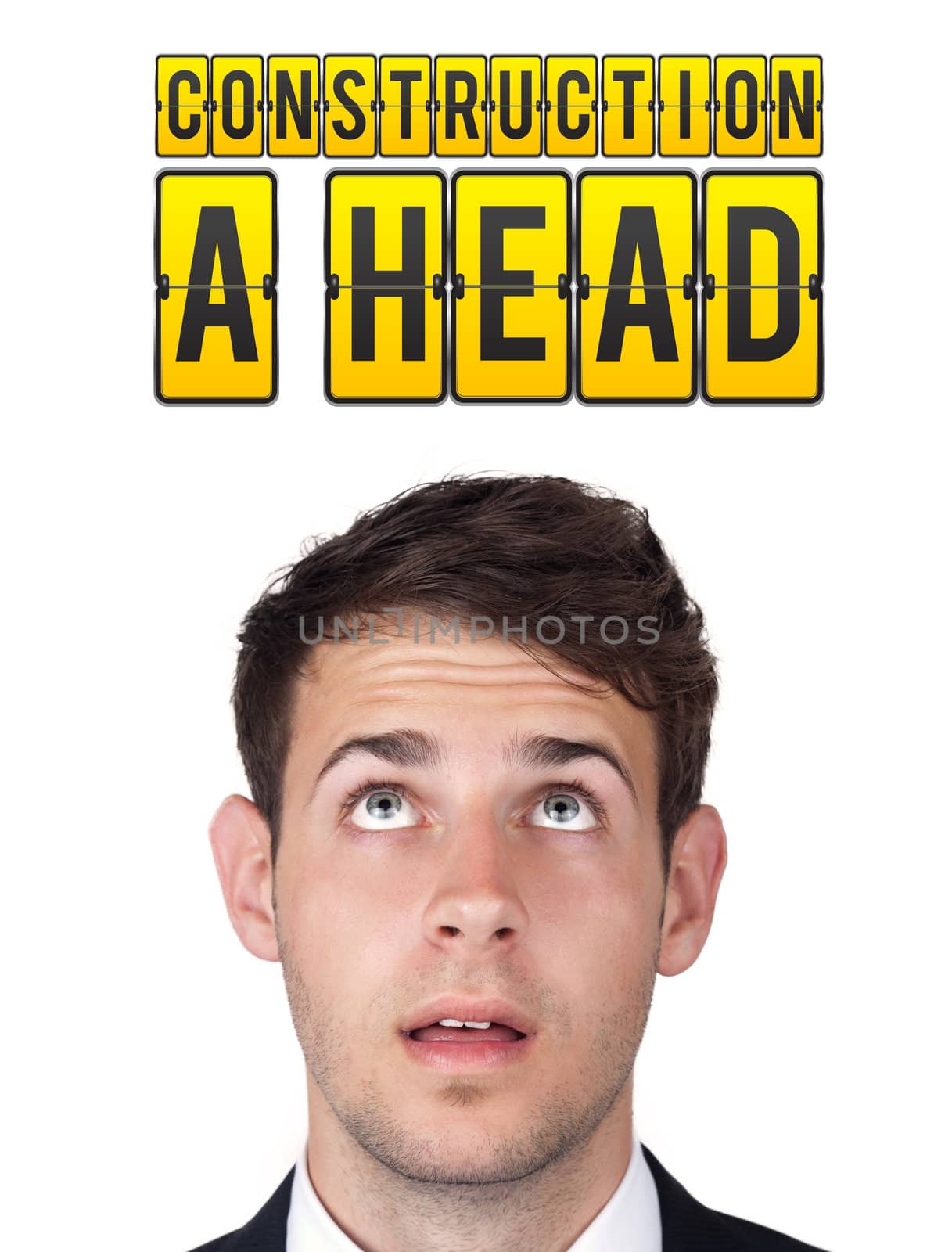 Young persons head looking with gesture at idea type of sign