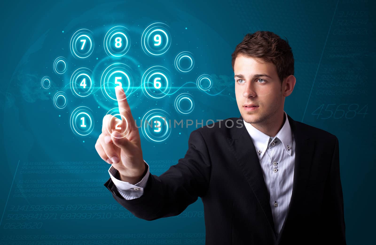 Businessman pressing high tech type of modern buttons on a virtual background