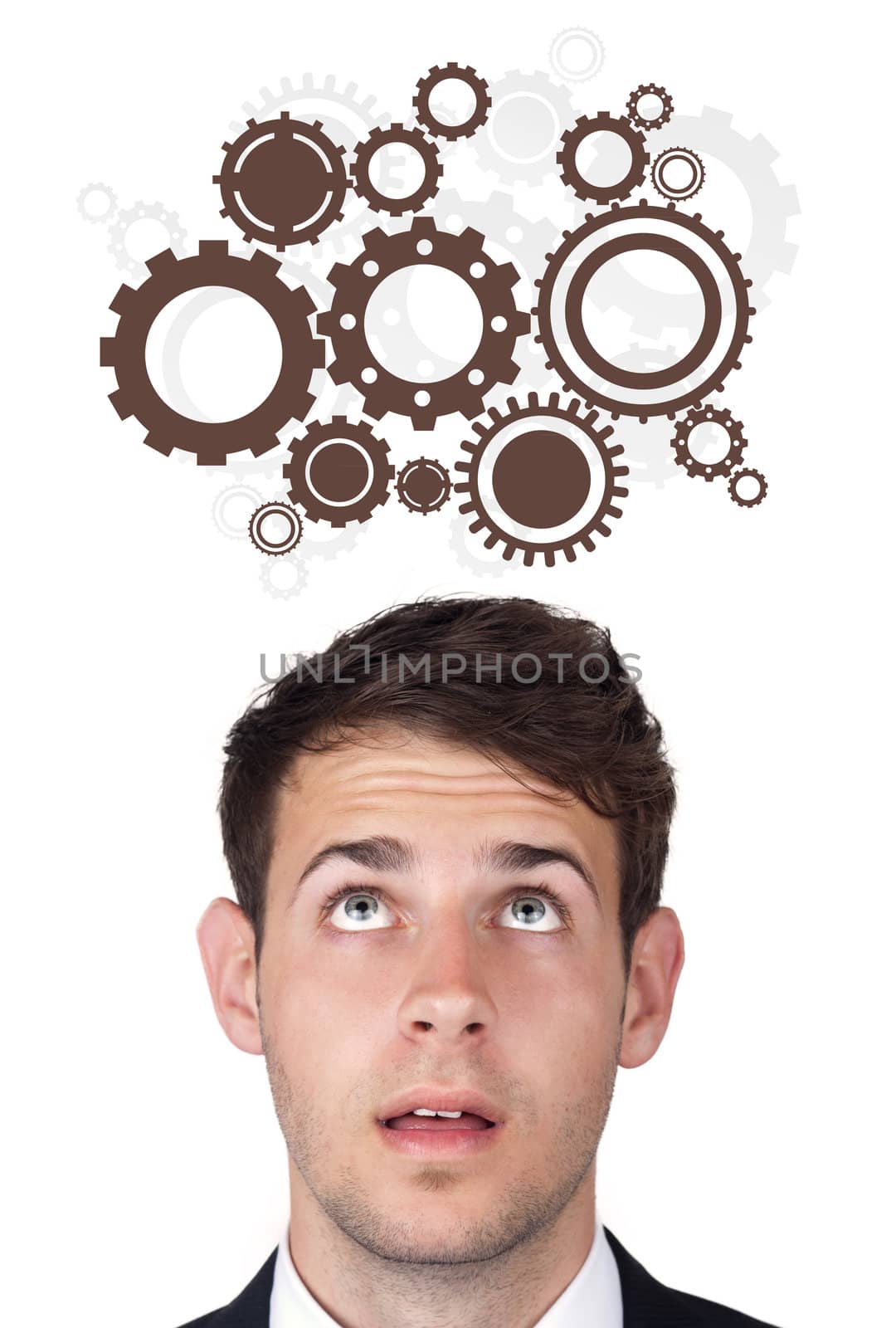 Young persons head looking with gesture at idea type of sign