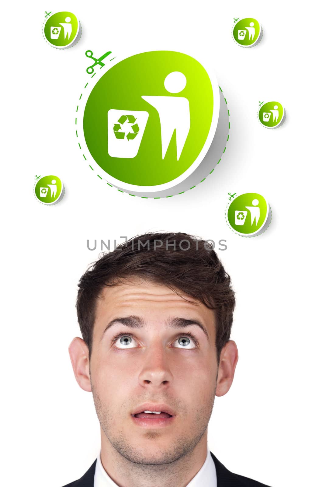 Young persons head looking at green eco sign