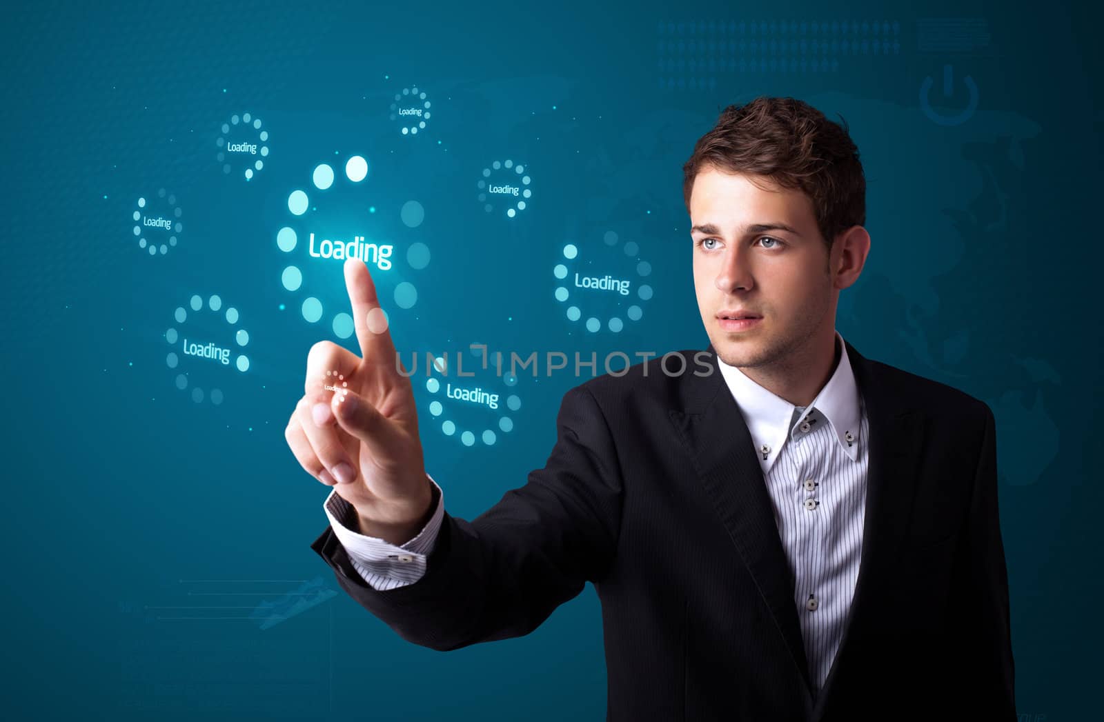 Businessman pressing simple start buttons on a virtual background