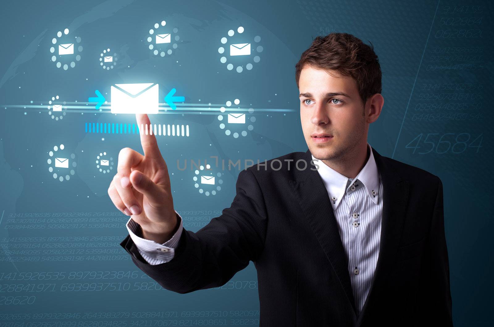 Businessman pressing messaging type of modern icons with virtual background