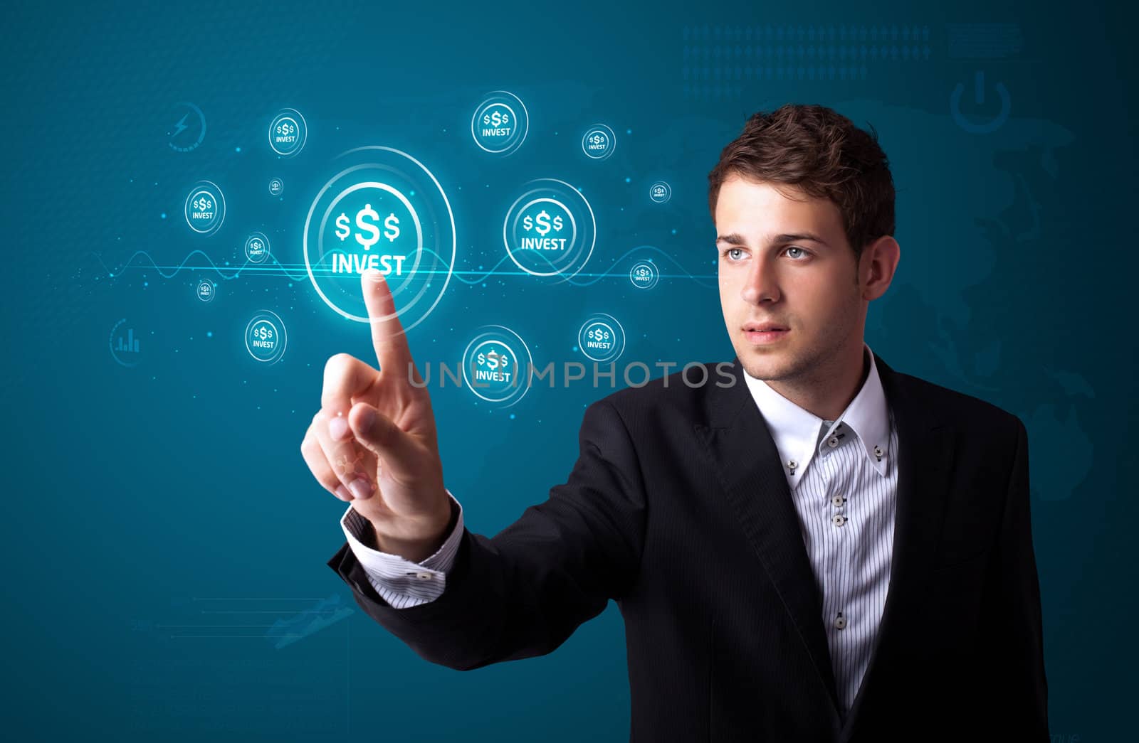 Businessman pressing business type of modern buttons with virtual background