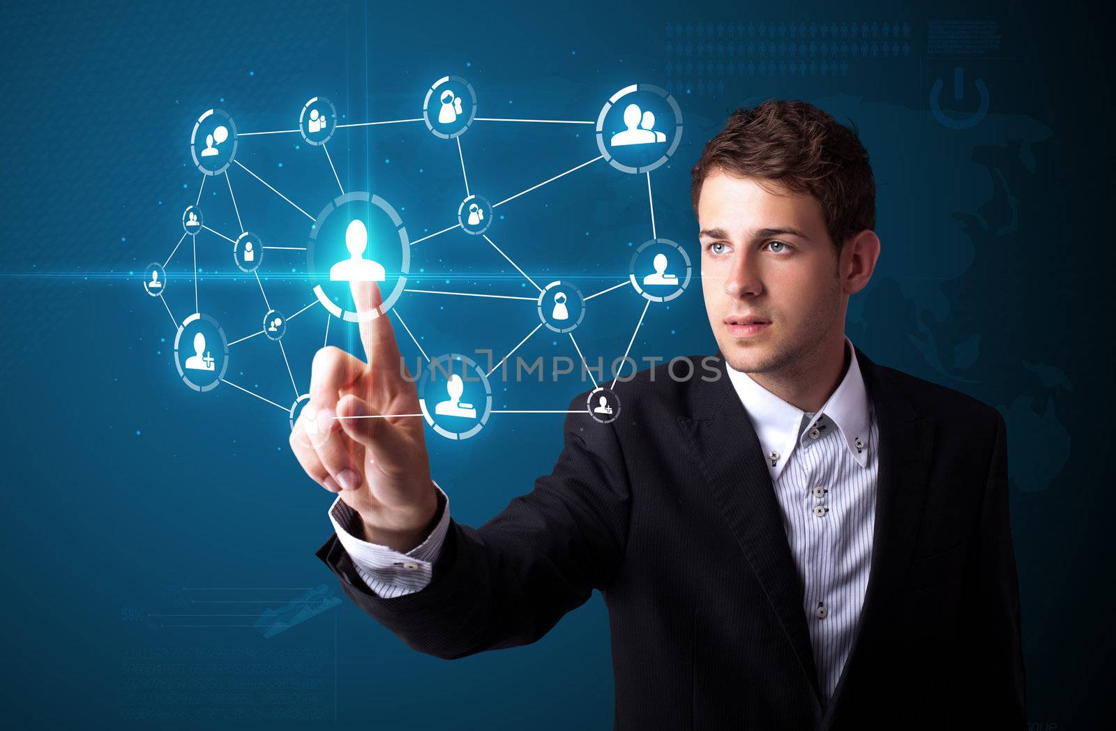 Businessman pressing modern social buttons on a virtual background