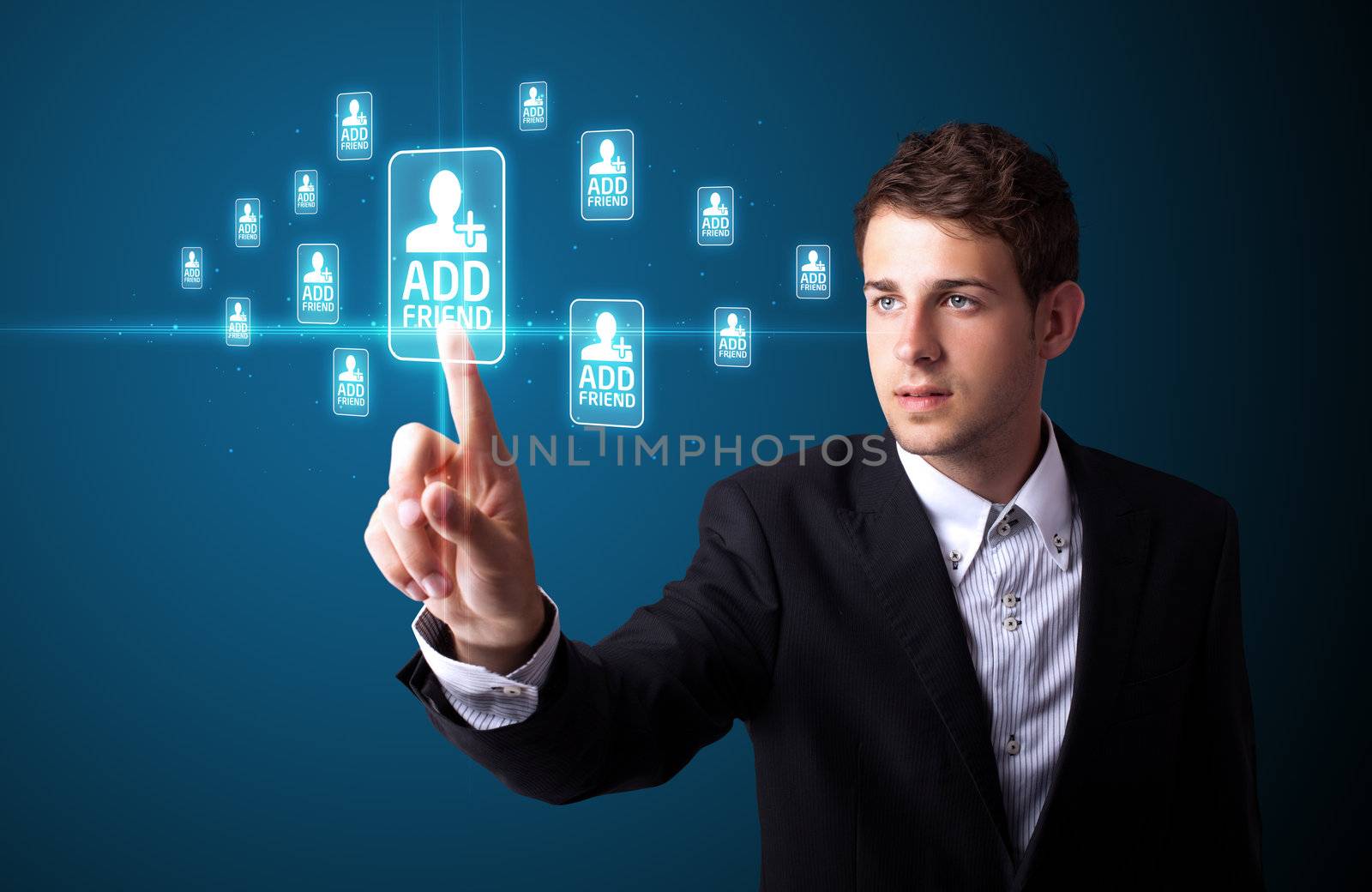 Businessman pressing modern social buttons on a virtual background