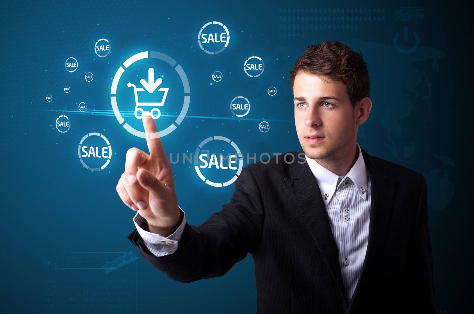 Businessman pressing promotion and shipping type of modern buttons