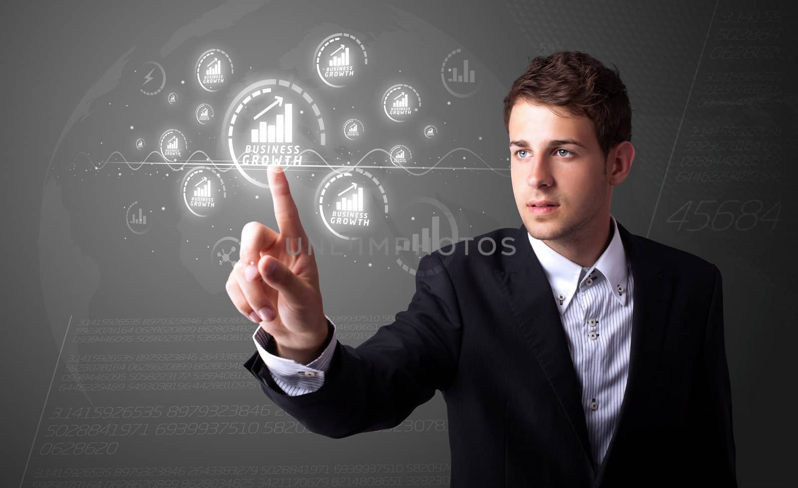 Businessman pressing business type of modern buttons with virtual background