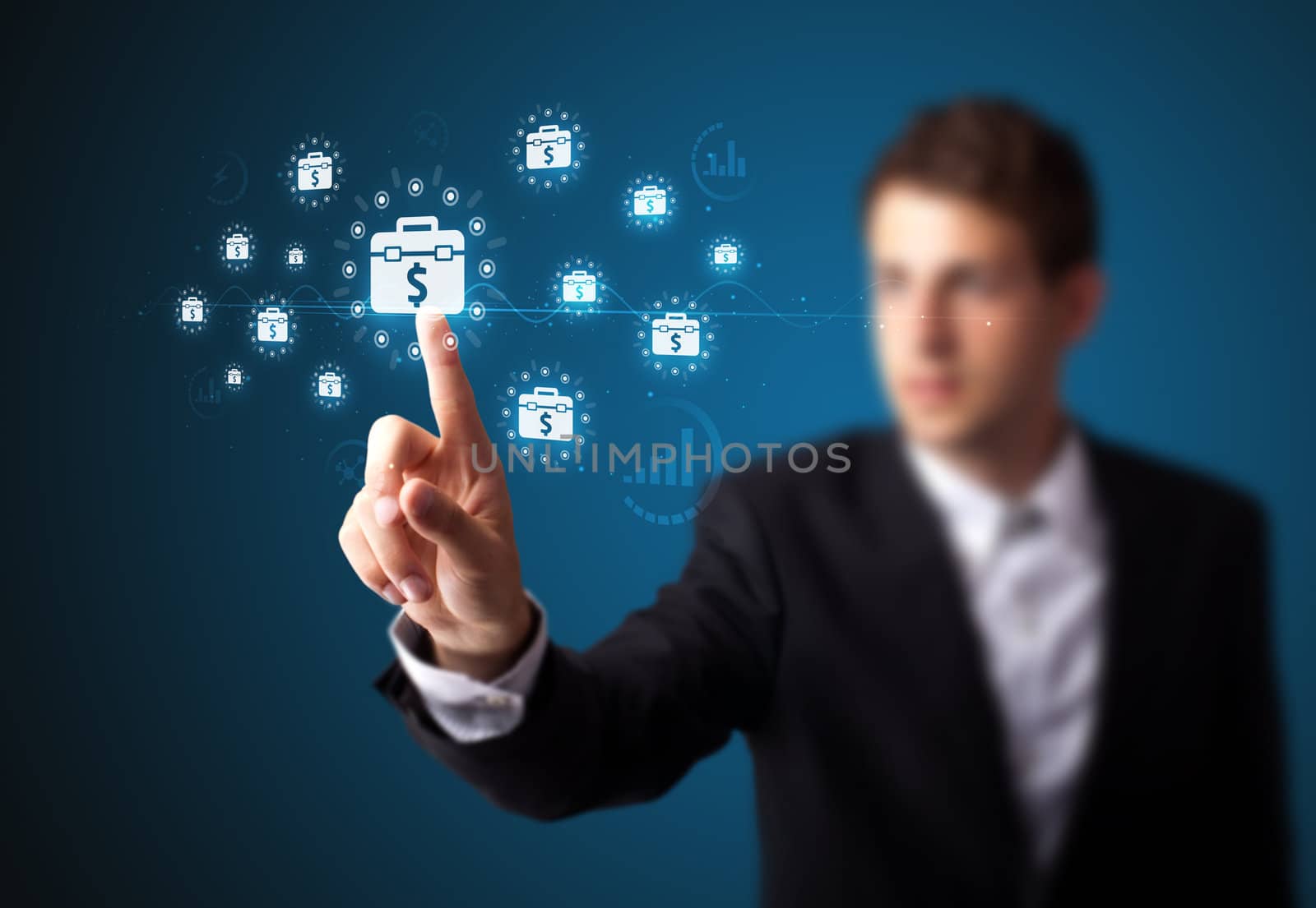 Businessman pressing business type of modern buttons with virtual background