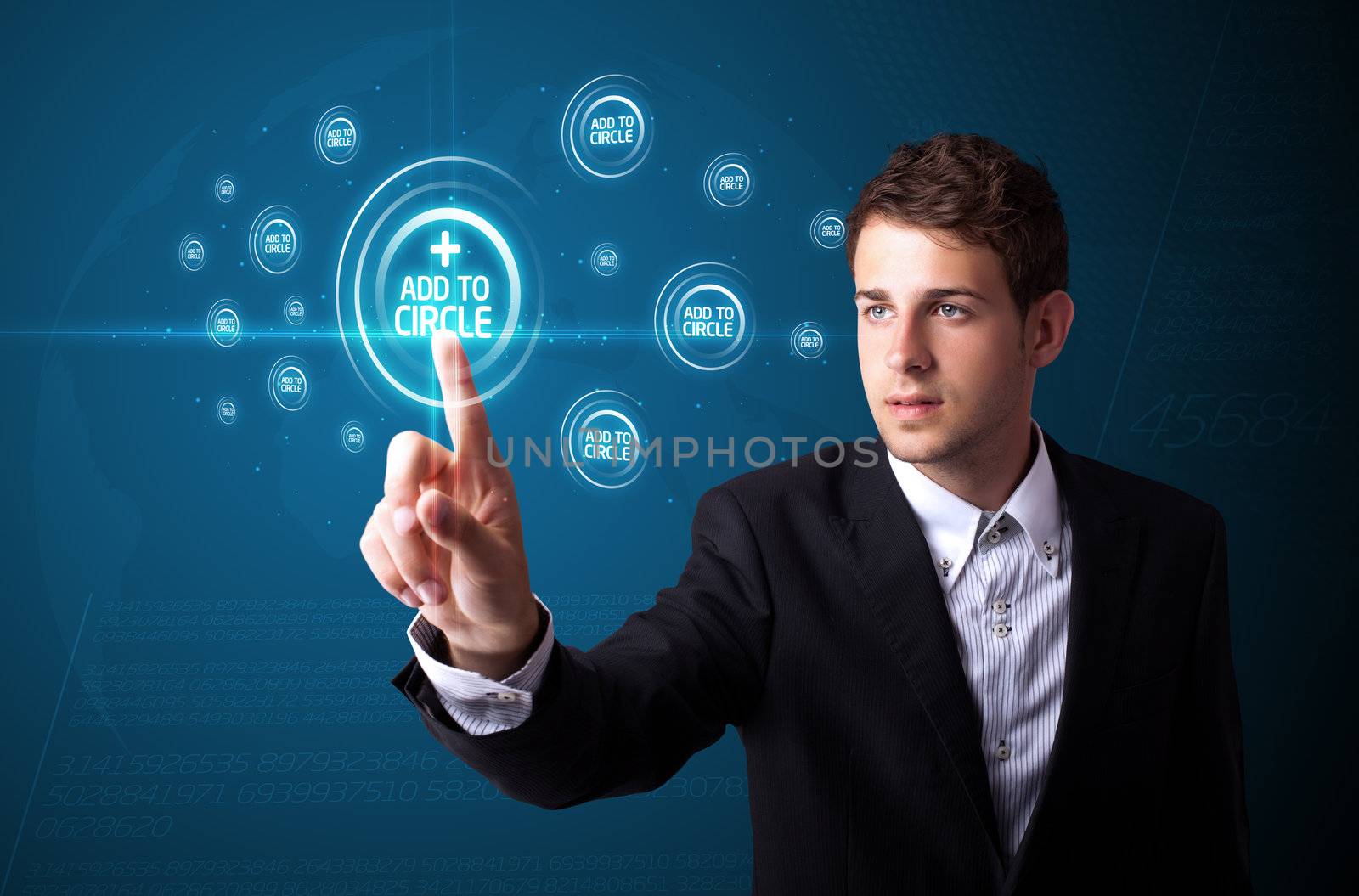 Businessman pressing modern social buttons on a virtual background